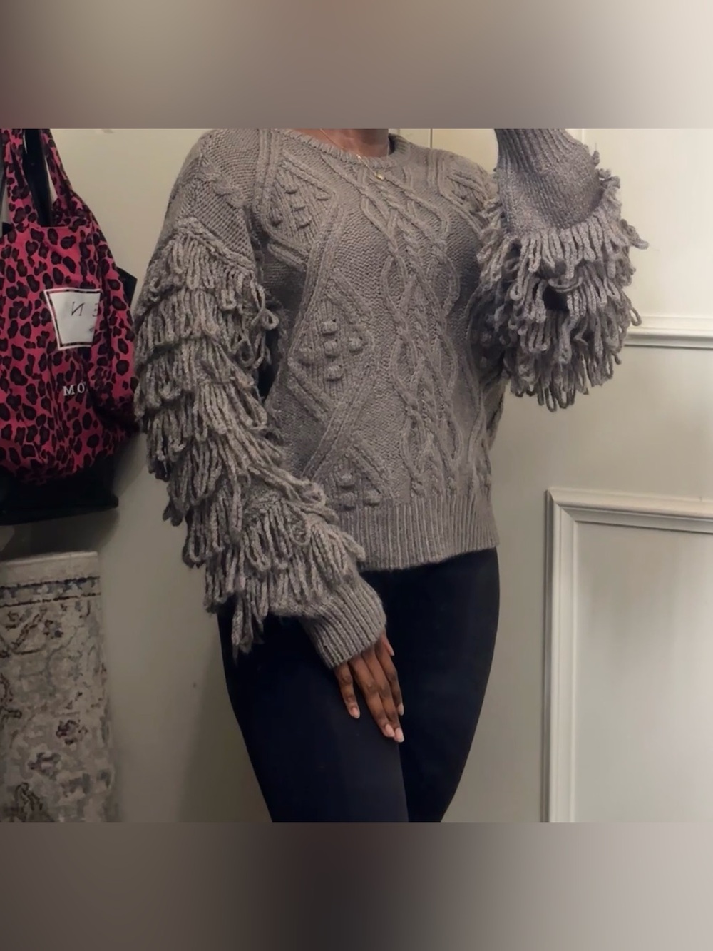 Fringe Grey Cozy Sleeve Cable Knit Sweater Oversized Chunky Boho Statement Pullo
